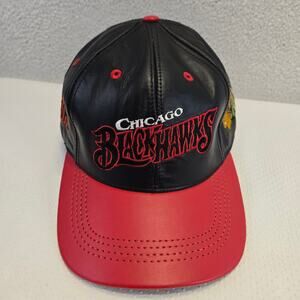 Vintage Chicago Blackhawks Leather Snapback Hat Mens Black Red NHL Made in USA